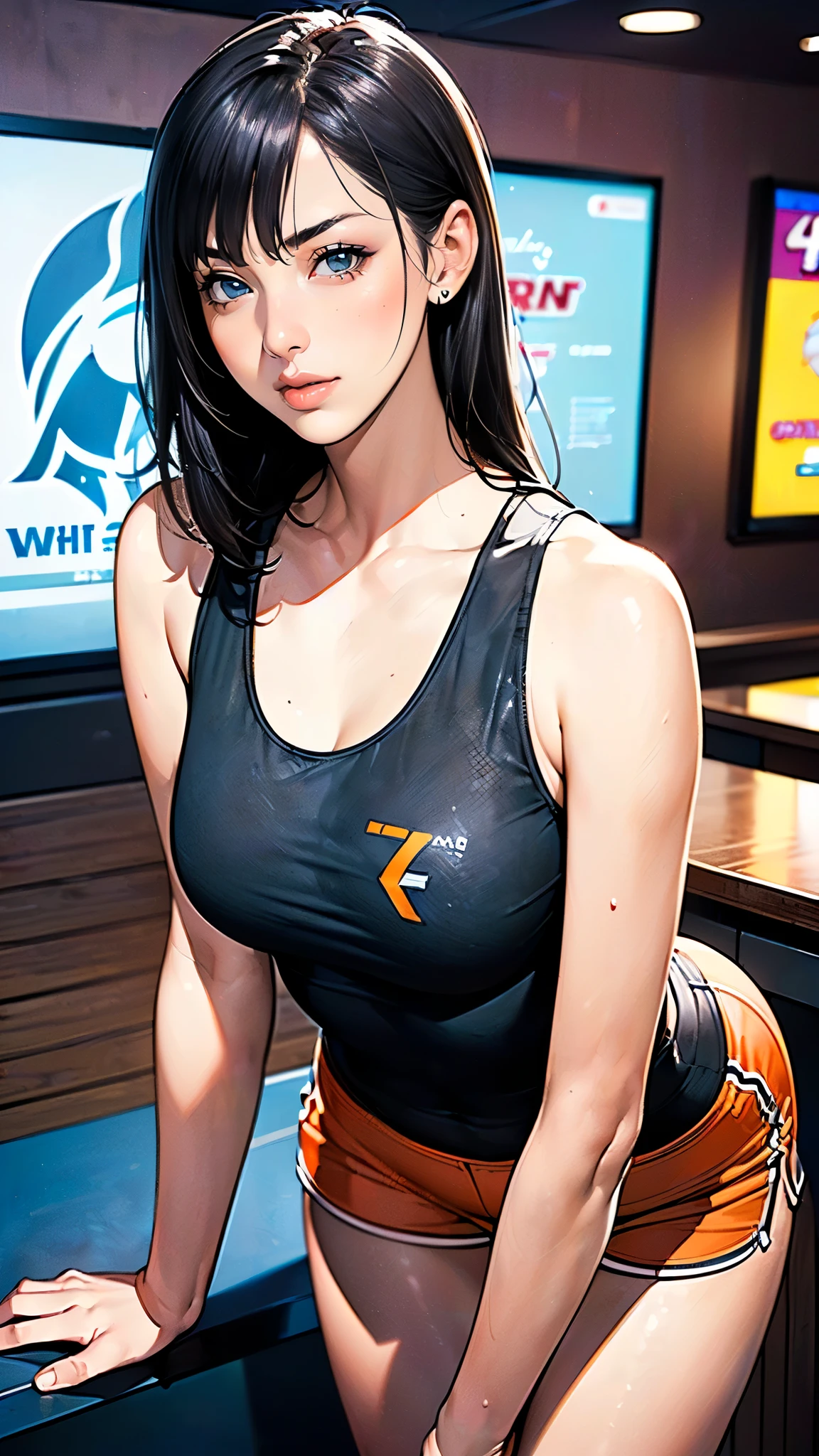 masterpiece,highest quality,Very detailed,High resolution,8k,wallpaper,Perfect lighting,BREAK(One Woman),(Mature woman working as a waiter at a sports bar:1.5),(48 years old),(hooters),(((A very form fitting white tank top:1.5))),((The tank top has the logo of a sports bar on it.:1.5)),(((tiny orange shorts))),(((Very detailed costume drawings:1.5))),(Beautiful Eyes:1.5),(Detailed face drawing:1.5),(Detailed face drawing:1.5),((Very detailed female hand:1.5)),(Shiny skin:1.2),(Big Breasts:1.2),(Thick thighs:1.5),(Sensual body:1.5),(Sports bar background:1.5),(((Blur the background:1.5))),(((I&#39;m embarrassed:1.5)))
