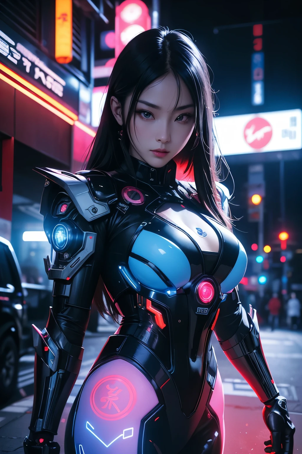 Uma linda mulher vestindo um traje mecha de guerreiro samurai japonês cibernético futurista, cercado por luzes de néon, hiper detalhado, iluminação cinematográfica, pose dramática, projeto mecânico intrincado, cores neon vibrantes, elementos brilhantes, fotorrealista, 8K, Obra de arte