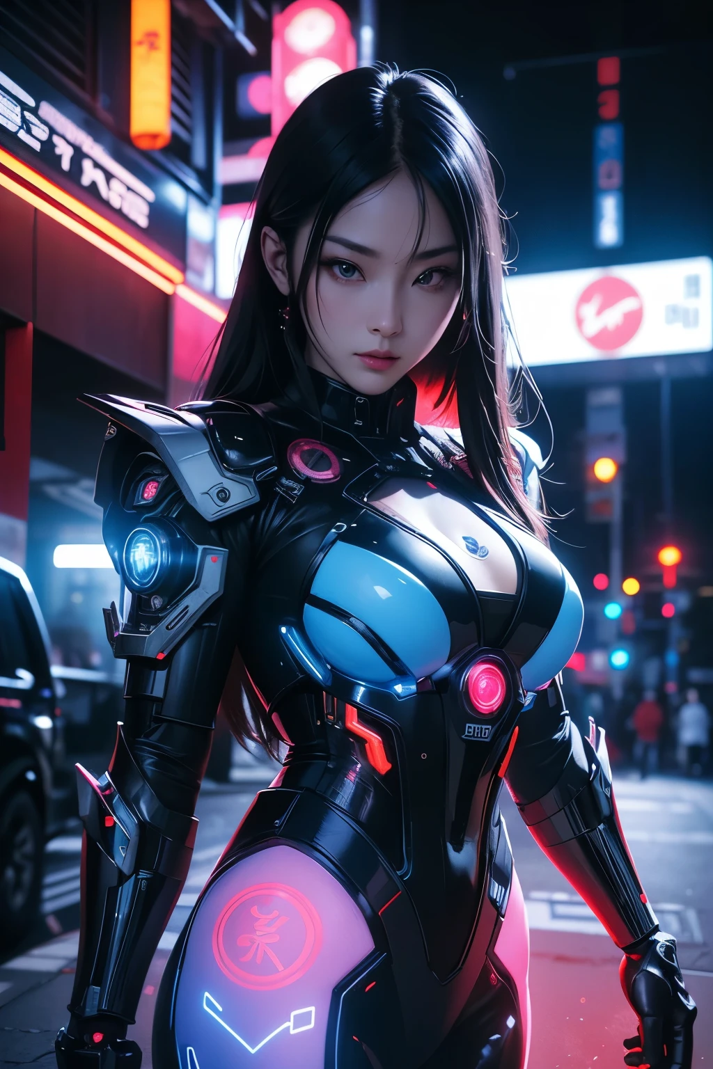 A beautiful woman wearing a futuristic cybernetic Japanese samurai warrior mecha suit, surrounded by neon lights, hyper detailed, cinematic lighting, dramatic pose, intricate mechanical design, vibrant neon colors, glowing elements, photorealistic, 8k, masterpiece