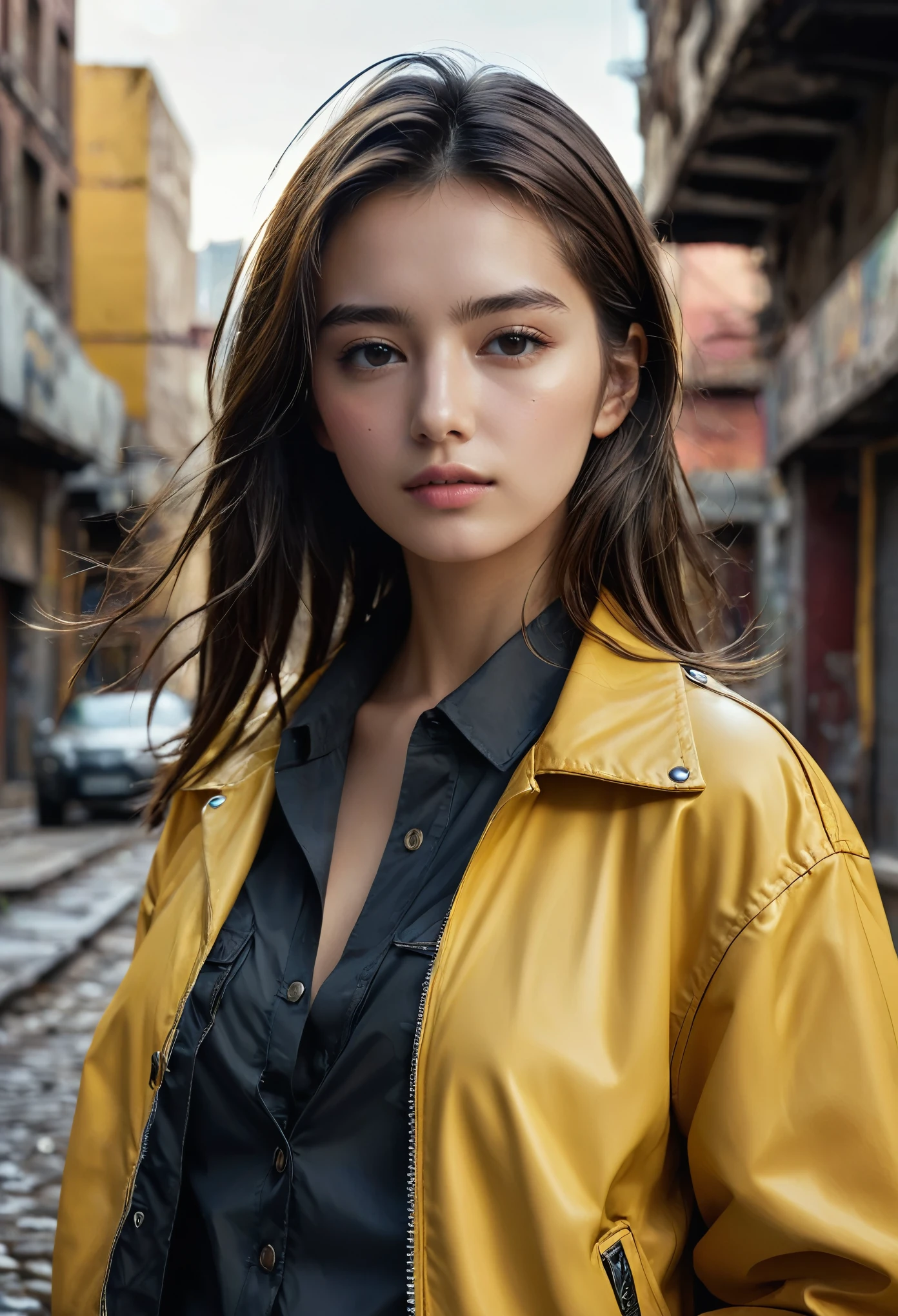 (best quality,4k,8k,highres,masterpiece:1.2),ultra-detailed,(Ultra-realistic, photorealistic,photo-realistic:1.37), RAW Photos, Close-up portrait of a 20-year-old.o One beautiful girl, the most beautiful, alone, Realistic, shirt, Jacket, cyber punk, Brown Hair, yellow Jacket, background is city ruins, (Skin with attention to detail:1.2), 8K Ultra HD, Digital SLR, Soft lighting, high quality, Film Grain, Fujifilm XT3, Highly detailed background