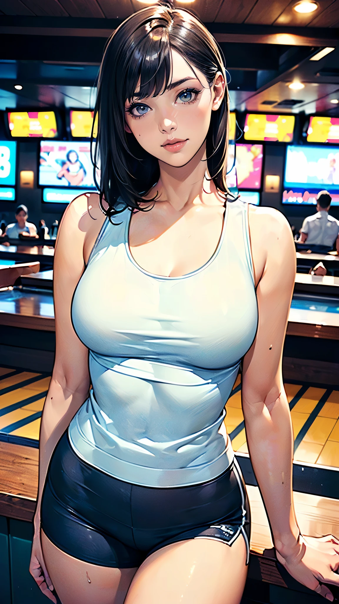 masterpiece,highest quality,Very detailed,High resolution,8k,wallpaper,Perfect lighting,BREAK(One Woman),(Mature woman working as a waiter at a sports bar:1.5),(50 years old),(hooters),(((A very form fitting white tank top:1.5))),((The tank top has the logo of a sports bar on it.:1.5)),(((tiny orange shorts))),(((Very detailed costume drawings:1.5))),(Beautiful Eyes:1.5),(Detailed face drawing:1.5),(Detailed face drawing:1.5),((Very detailed female hand:1.5)),(Shiny skin:1.2),(Big Breasts:1.2),(Thick thighs:1.5),(Sensual body:1.5),(Sports bar background:1.5),(((Blur the background:1.5))),(((I&#39;m embarrassed:1.5)))