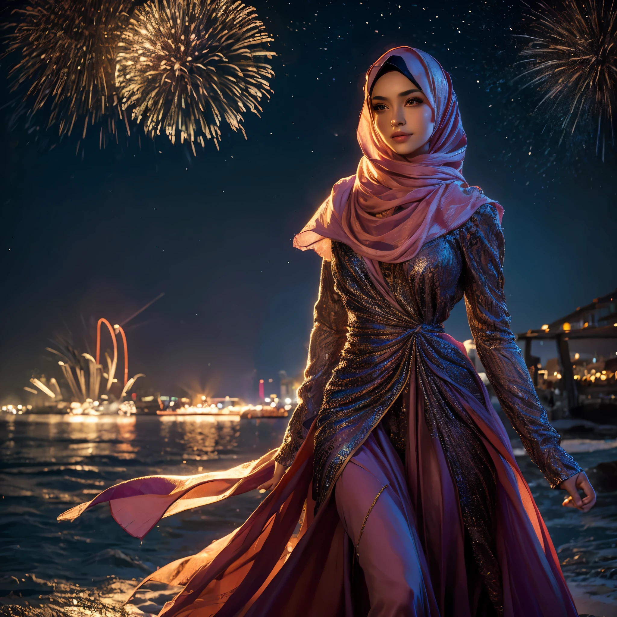 1 garota, céu noturno, fogos de artifício, hijab, rosto detalhado, olhos detalhados, nariz detalhado, lábios detalhados, garota linda, mulher jovem, Roupas detalhadas, vestido esvoaçante, vestido colorido, Padrões de vestido intrincados, vestido brilhante, noite estrelada, lua brilhante, cores vibrantes, iluminação dramática, fotorrealista, 8K, Ultra-detalhado, hiper-realista, obra de arte, pintura a óleo, iluminação de estúdio, cinematic, temperamental, cores deslumbrantes, hipnotizante