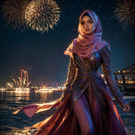 1girl, night sky, fireworks, hijab, detailed face, detailed eyes, detailed nose, detailed lips, beautiful girl, young woman, det...