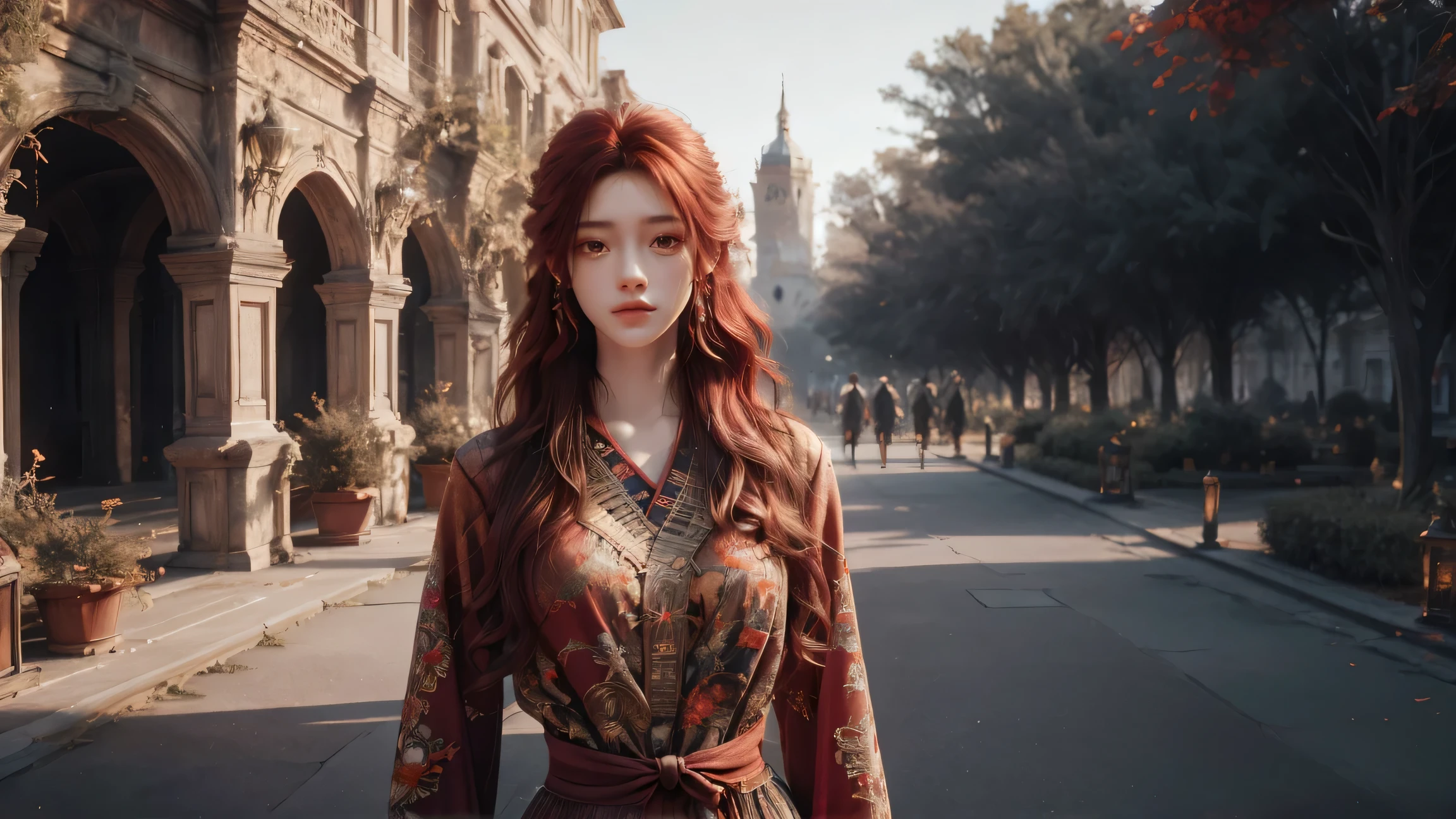 (absurdres, highres, ultra detailed), 1girl, solo, mature, (very long hair, red hair), Baroque, long dress, phoenix dress, long sleeve, elegant, colorful, highest detailed, upper body, outdoors, garden 