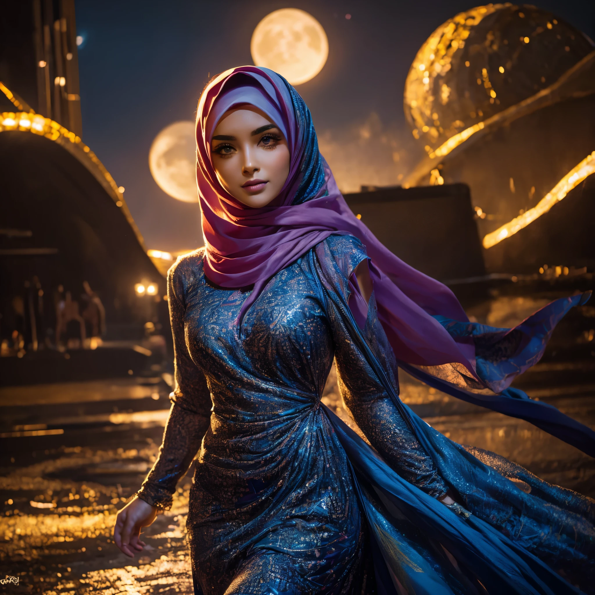 1 garota, céu noturno, fogos de artifício, hijab, rosto detalhado, olhos detalhados, nariz detalhado, lábios detalhados, garota linda, mulher jovem, Roupas detalhadas, vestido esvoaçante, vestido colorido, Padrões de vestido intrincados, vestido brilhante, noite estrelada, lua brilhante, cores vibrantes, iluminação dramática, fotorrealista, 8K, Ultra-detalhado, hiper-realista, obra de arte, pintura a óleo, iluminação de estúdio, cinematic, temperamental, cores deslumbrantes, hipnotizante