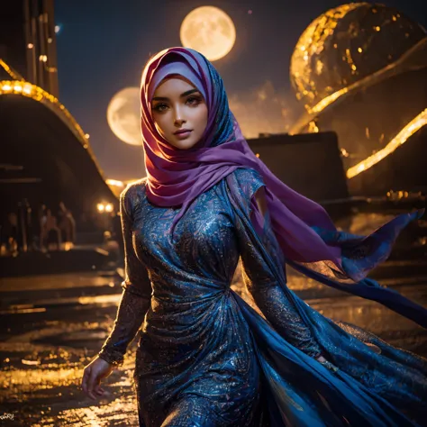1girl, night sky, fireworks, hijab, detailed face, detailed eyes, detailed nose, detailed lips, beautiful girl, young woman, det...
