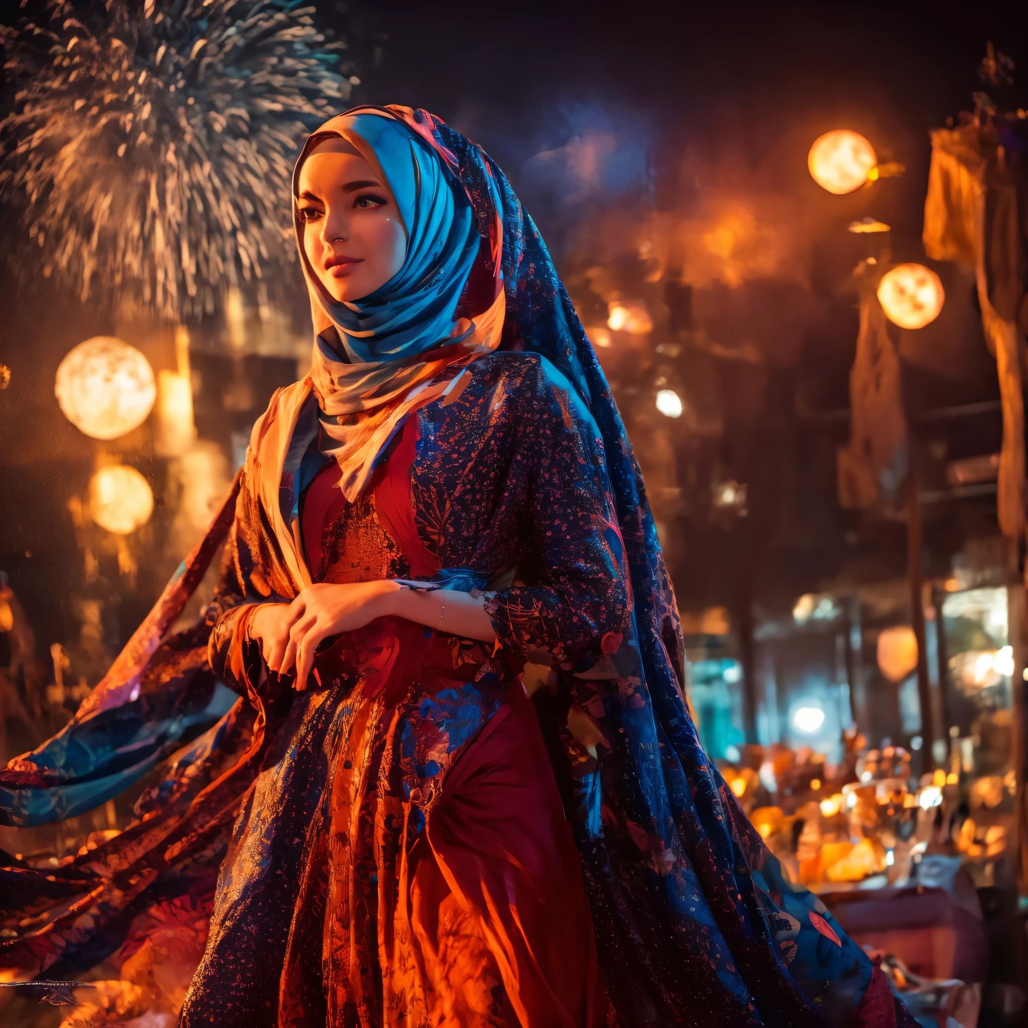 1 garota, céu noturno, fogos de artifício, hijab, rosto detalhado, olhos detalhados, nariz detalhado, lábios detalhados, garota linda, mulher jovem, Roupas detalhadas, vestido esvoaçante, vestido colorido, Padrões de vestido intrincados, vestido brilhante, noite estrelada, lua brilhante, cores vibrantes, iluminação dramática, fotorrealista, 8K, Ultra-detalhado, hiper-realista, obra de arte, pintura a óleo, iluminação de estúdio, cinematic, temperamental, cores deslumbrantes, hipnotizante