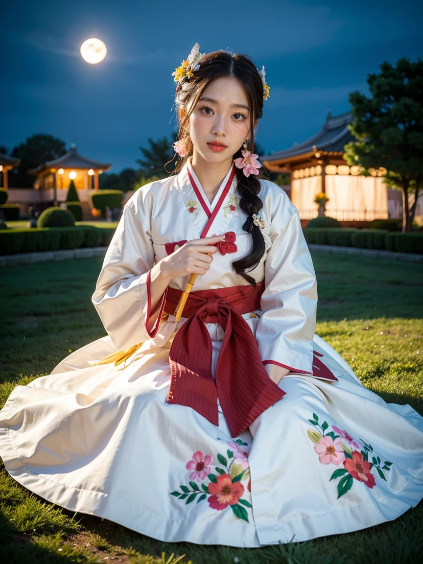 Meilleure qualité, Haut_résolution, Distinct_image, contexte détaillé ,fille, Hanbok,fleur,jardin,lune, nuit,angle hollandais, plan large, couronne, 