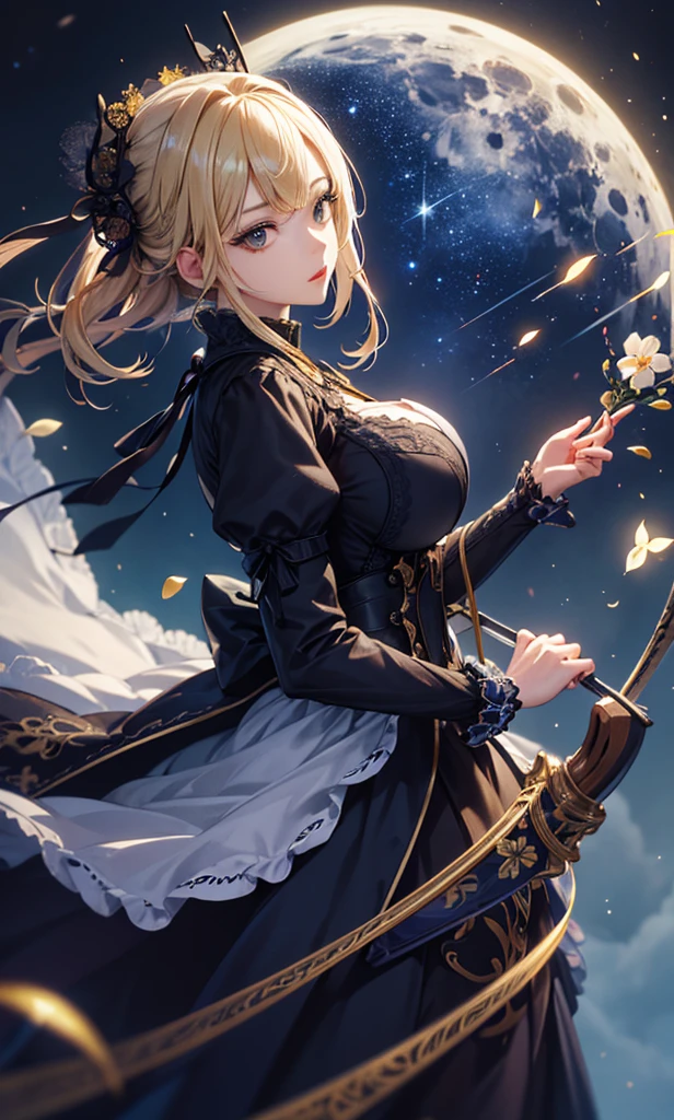 masterpiece, high quality, 4K, Beautiful design, silhouette，blonde， 非常に詳細な夜のStarry Sky,Flower Field， wonderful, Finer details,  Very knowledgeable woman, Highly detailed solo, 1 female,Big Breasts，Gothic Lolita Fashion，Night view，Starry Sky，full moon，