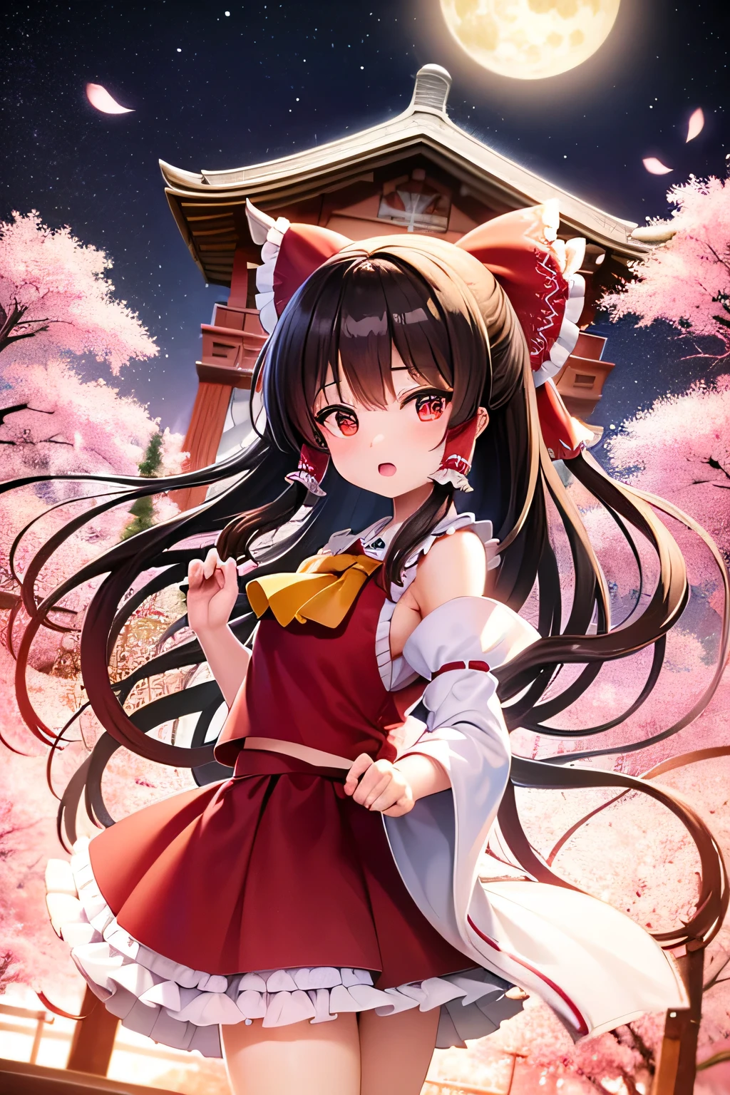 Reimu Hakurei、shrine、最high quality, masterpiece, 1 girl, Beautiful Face, (Photorealistic photography:1.3),  8k UHD, Digital SLR, high quality, High resolution, 4K, 8k, (Genuine: 1.3), Small face,Ass、petal、cherry blossoms、night、full moon、Lantern、