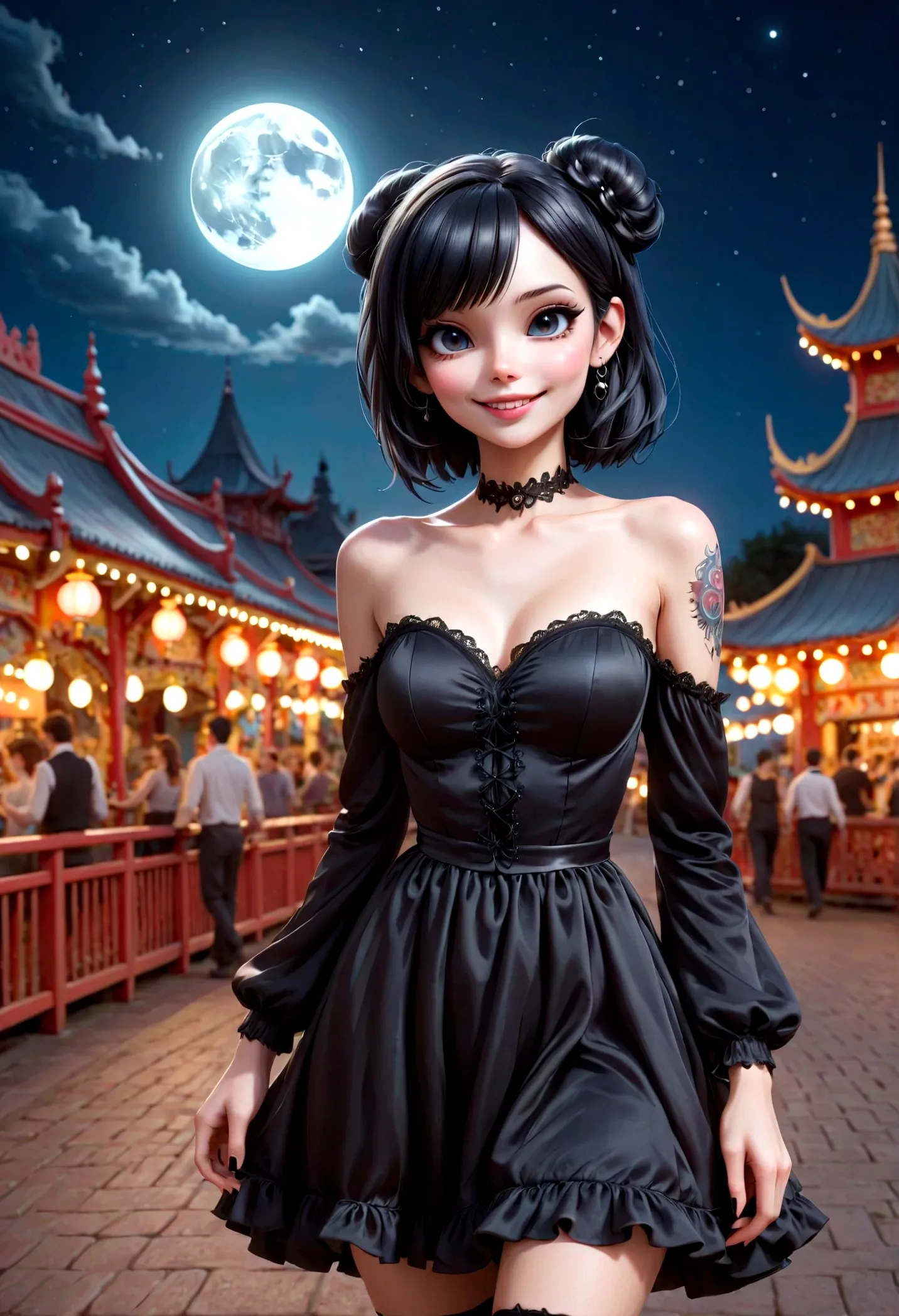 a gothic girl smiling, black hair, hair accessories, choke, wristbands, silver earrings, (strapless_dress), (round toe) mary_jan...