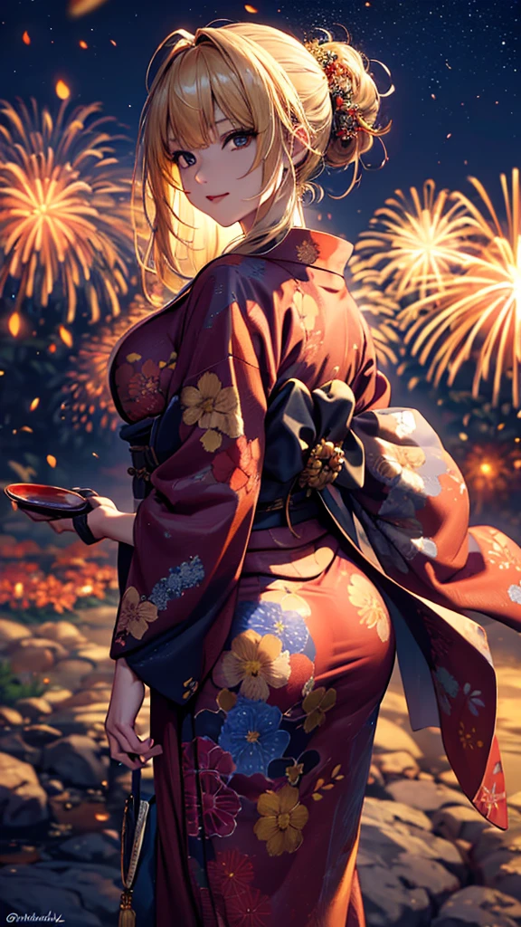 masterpiece, high quality, 4K, Beautiful design, silhouette，blonde， 非常に詳細な夜のStarry Sky,Flower Field， wonderful, Finer details,  Very knowledgeable woman, Highly detailed solo, 1 female,Big Breasts，Big Ass，Red color yukata，Night view，Starry Sky，Fireworks in the background，