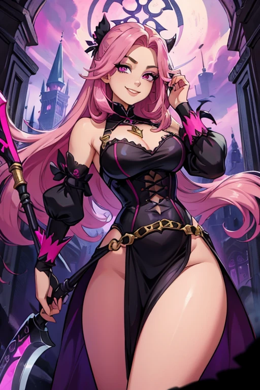 A pink haired woman with violet eyes and an hourglass figure in a warrior outfit is smiling with a scythe in her hand in a gothic castle