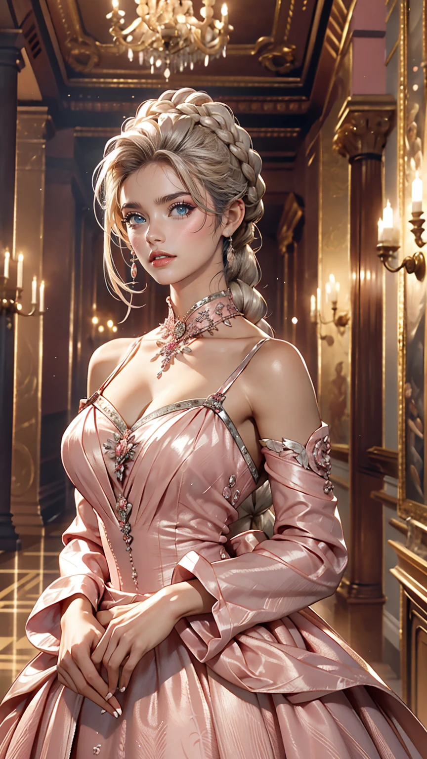 woman, Severe, elegant, Pink Dress, Aristocratic, silver element, Long nails, Exposing shoulders, Hairstyle, Put your hair up, Braids and ponytails, Messy, arrogant, Absurd, Detailed dress, Royalty, celebration, Hall decorated with flowers, Cowboy Shot, Portraiture, (highest quality), (masterpiece), (Very detailed), (4K)