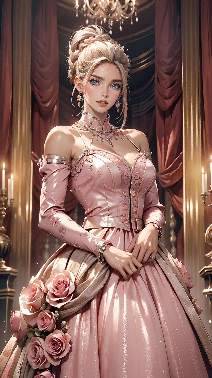 woman, Severe, elegant, Pink Dress, Aristocratic, silver element, Long nails, Exposing shoulders, Hairstyle, Put your hair up, Braids and ponytails, Messy, arrogant, Absurd, Detailed dress, Royalty, celebration, Hall decorated with flowers, Cowboy Shot, Portraiture, (highest quality), (masterpiece), (Very detailed), (4K)