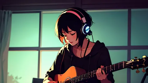 A girl wearing headphones is playing the guitar in a dark room。