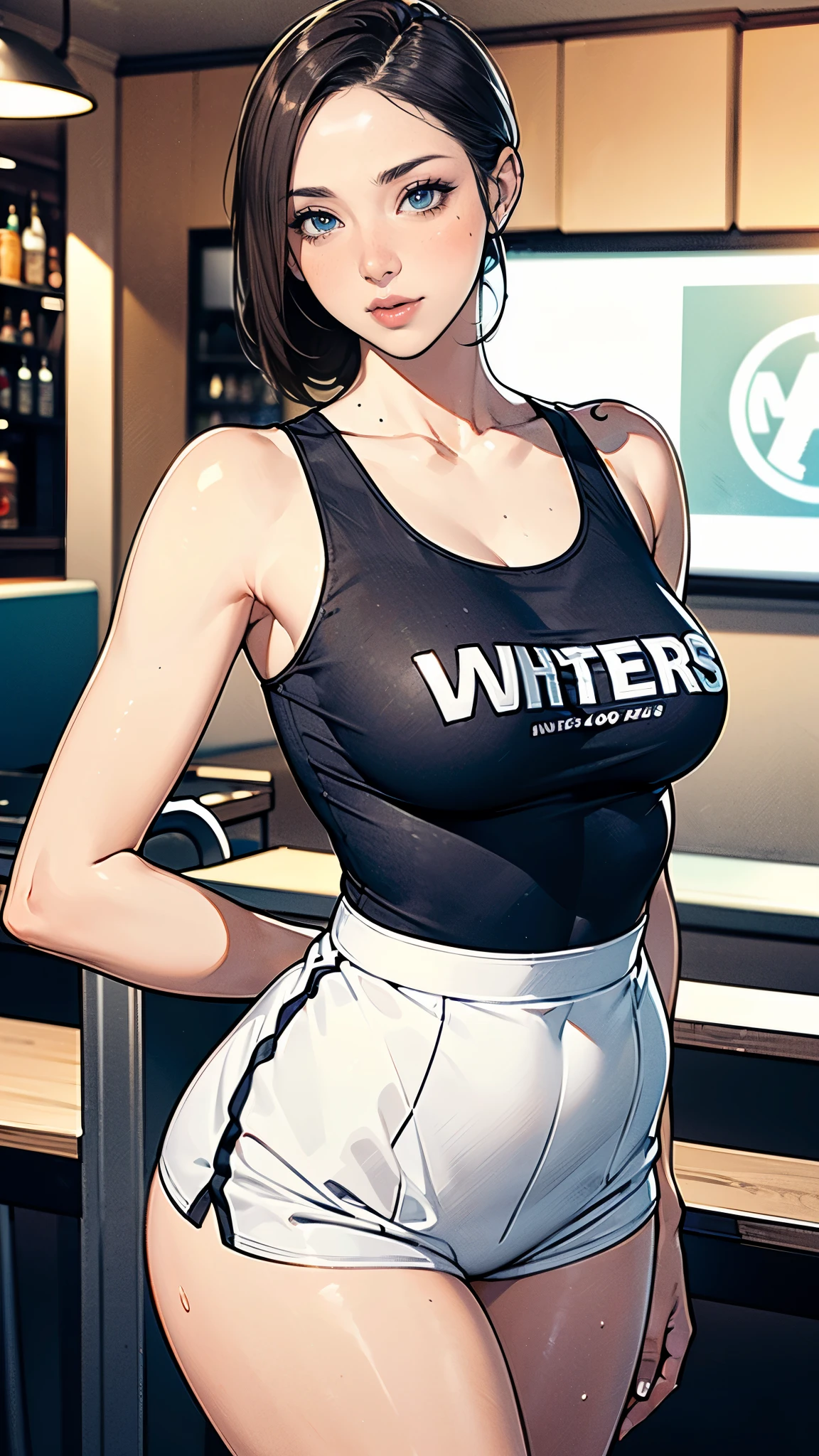 masterpiece,highest quality,Very detailed,High resolution,8k,wallpaper,Perfect lighting,BREAK(One Woman),(Mature woman working as a waiter at a sports bar:1.5),(48 years old),(hooters),(((A very form fitting white tank top:1.5))),((The tank top has the logo of a sports bar on it.:1.5)),(((Tiny shorts:1,5))),(((Very detailed costume drawings:1.5))),BREAK(Beautiful Eyes:1.5),(Detailed face drawing:1.5),(Detailed face drawing:1.5),((Very detailed female hand:1.5)),(Shiny skin:1.2),(Big Breasts:1.2),(Thick thighs:1.5),(Sensual body:1.5),(Sports bar background:1.5),(((Blur the background:1.5))),BREAK(((I&#39;m embarrassed:1.5)))
