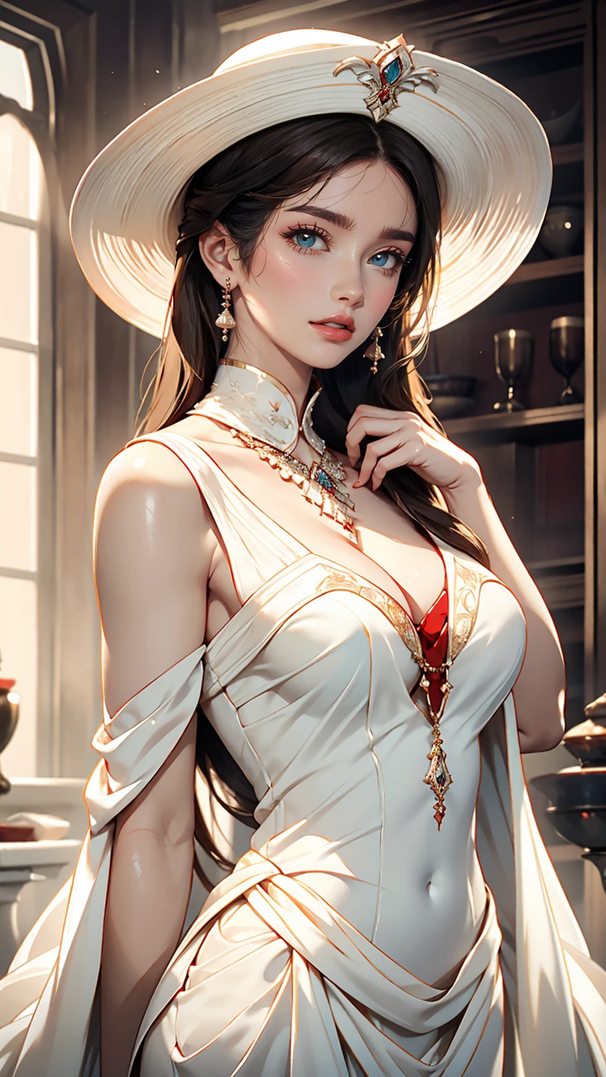 Arabian woman wearing a white hat and dress and red lipstick, pale White skin like porcelain, Gweitz, Gweitz masterpiece, artwork in the style of Gweitz, Soft Portrait Shot 8k, Pale Young Ghost Girl, White skin like porcelain, By Russell Dongjun Lu, Pale milky porcelain skin, Elegant woman with white skin