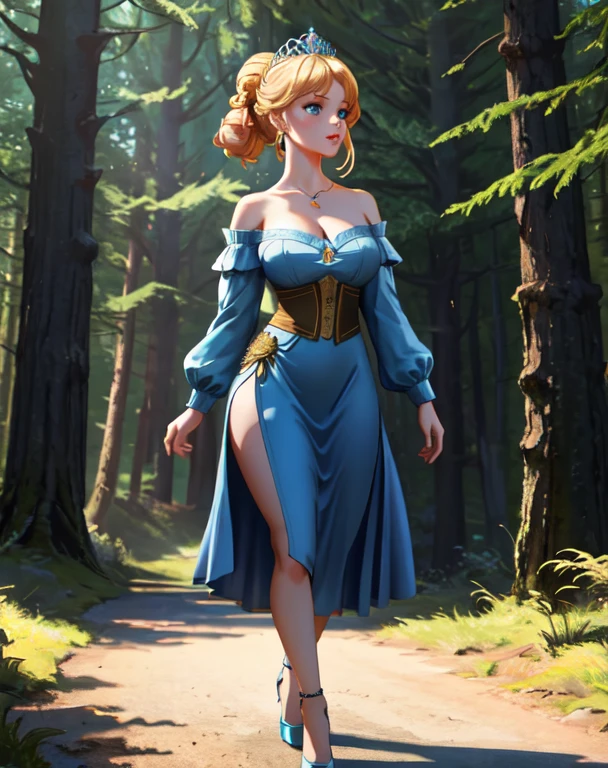 ((Best quality)), ((Masterpiece)), (detailed), perfect face perfect figure, Middle Ages, forest background, 26 year old, Scandinavian woman, Princess, Golden hair, bun-like hairstyle, bright blue eyes, pale skin, large breasts, tight blue dress, off shoulder, cleavage, diamond tiara, blue heels, walking, high resolution, (ultra-detailed), (best illustration), (best shadow), (absurdres), (perfect hands, perfect anatomy), (4k textures), epic artistic, sharp focus, even lighting, insane details, intricate details, hyperdetailed, rich colors,
