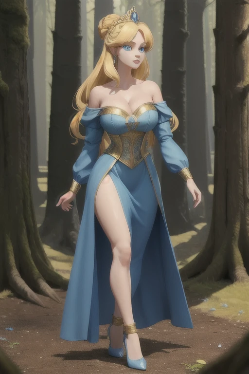 ((Best quality)), ((Masterpiece)), (detailed), perfect face perfect figure, Middle Ages, forest background, 26 year old, Scandinavian woman, Princess, Golden hair, bun-like hairstyle, bright blue eyes, pale skin, large breasts, tight blue dress, off shoulder, cleavage, diamond tiara, blue heels, walking, high resolution, (ultra-detailed), (best illustration), (best shadow), (absurdres), (perfect hands, perfect anatomy), (4k textures), epic artistic, sharp focus, even lighting, insane details, intricate details, hyperdetailed, rich colors,
