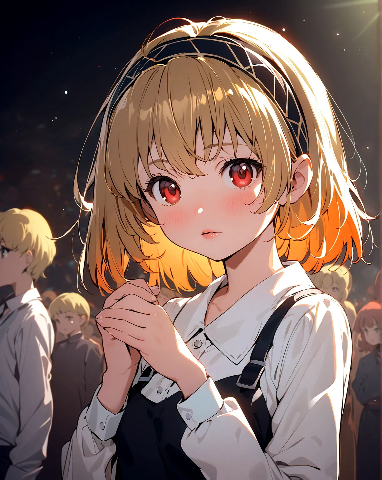 (houjou_satoko), 1girl, (blonde hair), red eyes, short hair, hairband, small breasts,11 years old, solo、staring at the audience、...