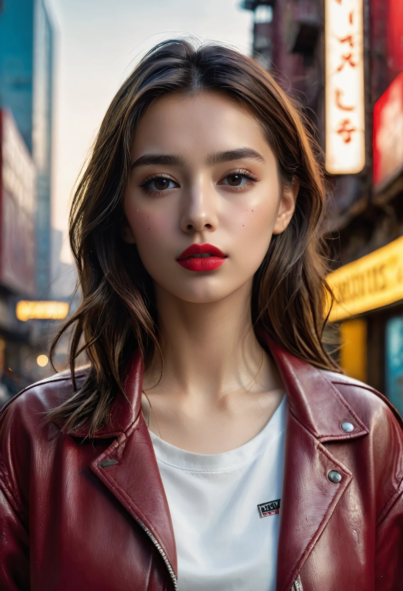 (best quality,4k,8k,highres,masterpiece:1.2),ultra-detailed,(Ultra-realistic, photorealistic,photo-realistic:1.37), RAW Photos, Close-up portrait of a 20-year-old.o One beautiful girl, the most beautiful, alone, Realistic, shirt, Jacket, cyber punk, Brown Hair, yellow Jacket, background is city ruins, (Skin with attention to detail:1.2), 8K Ultra HD, Digital SLR, Soft lighting, high quality, Film Grain, Fujifilm XT3, Highly detailed background, beautiful Crimson lips, perfect make up, beautiful eyeshadow, 
