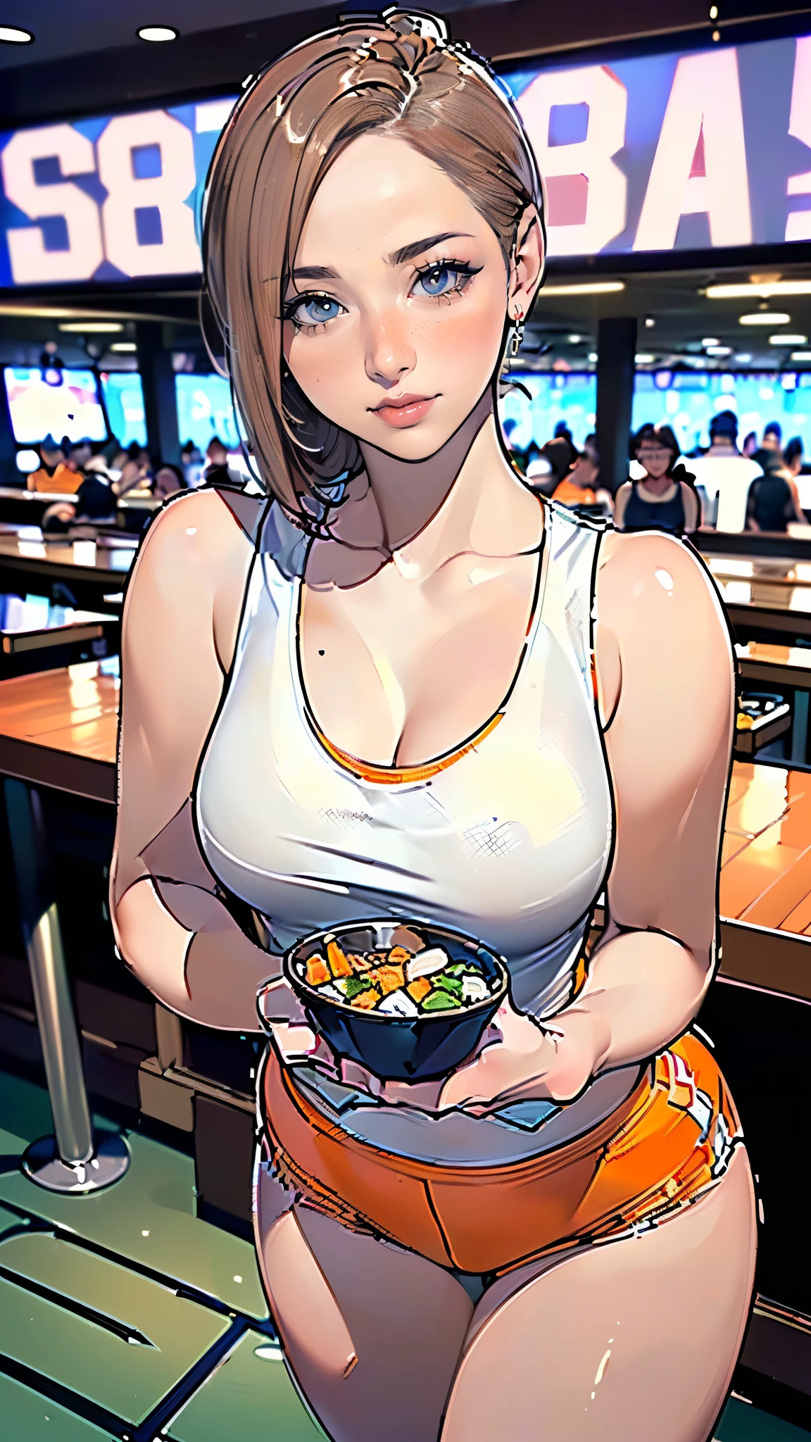 masterpiece,highest quality,Very detailed,High resolution,8k,wallpaper,Perfect lighting,BREAK(One Woman),(Mature woman working as a waiter at a sports bar:1.5),(45 years old),(hooters),(((A very form fitting white tank top:1.5))),((The tank top has the logo of a sports bar on it.:1.5)),(((tiny orange shorts))),(((Very detailed costume drawings:1.5))),(Beautiful Eyes:1.5),(Detailed face drawing:1.5),(Detailed face drawing:1.5),((Very detailed female hand:1.5)),(Shiny skin:1.2),(Big Breasts:1.2),(Thick thighs:1.5),(Sensual body:1.5),(Sports bar background:1.5),(((Blur the background:1.5))),(((Carrying food:1.5)))