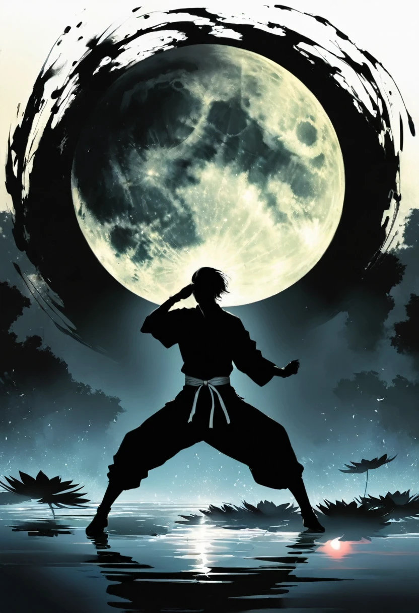 (纯Black silhouette,Heroine fighting silhouette:1.5),(fighting stance，Strong dynamics:1.4),On the Lake，High contrast, light, mysterious atmosphere,，lotus，Lotus Leaf，ripple，(Water splash;1.4)，A moon，Strong dynamicartial arts，effort，Black silhouette，Extreme backlight shooting,Black silhouette appears in the photo(No color or detail),High contrast against bright background