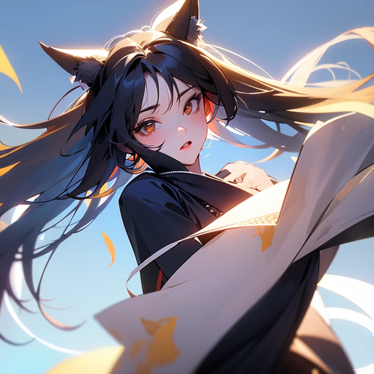 One Girl, Fox Girl, Fox&#39;s Tail, Nine-Tailed Fox,Fox Ears, Black colored hair, Fox Makeup,One Girl,  Kimono with open chest, Body size is 100-70-90!, Nice body, Avatar, face, Open chest, lewd face, Dominant representation, naughty face, Big Breasts, Emphasize cleavage,Show bare skin, Skin is visible, With legs apart, Show off your thighs, M-shaped legs, A beautifully patterned kimono,Red and black flowing water pattern kimono, I can see her cleavage, Muscular, Uplifting, Abdominal muscles, Exposed skin, Long Hair, Skin Texture, Soft breasts, Large Breasts, Standing in a grassy field, outside, Blue sky,Composition facing directly ahead, Grab your breasts with both hands, Fingers digging into breasts, Developmental atmosphere, god秘的な絵, god々Cool atmosphere