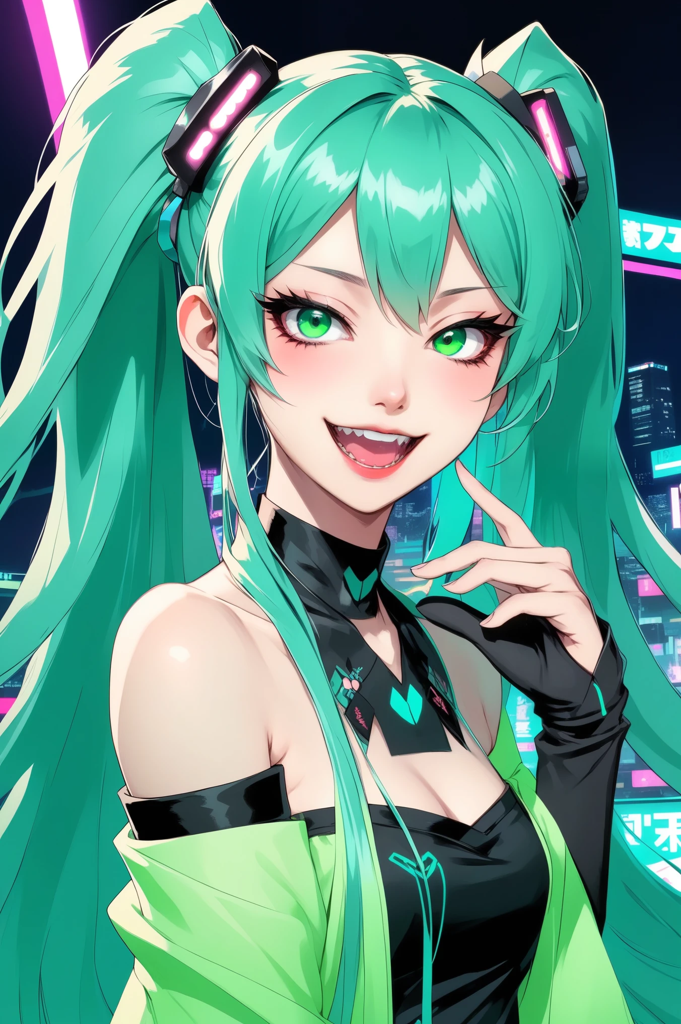 (best quality, sketch:1.2),Practical,ilustrador,shrew，Japanese cartoons,1 girl, Hatsune Miku，Detailed lips, ，Fangs，hand，Off-shoulder， Neon long hair,High ponytail green，masterpiece, The style is vintage, Dj