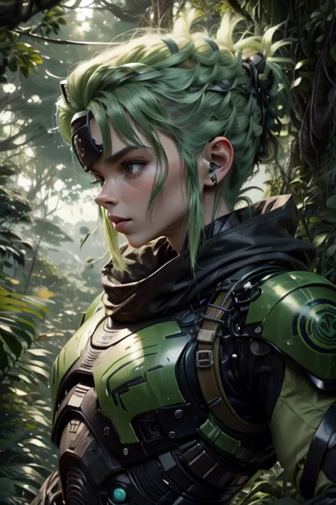 (Uma floresta)fogo verde raios,intergalactic cyber ninja,cabelo longo 