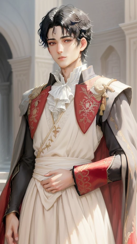 A kind prince with emphasized black hair and grey eyes, half body, close up, upscaled and detailed portrait, highly detailed, 8k, photorealistic, intricate details, beautiful skin, delicate facial features, expressive eyes, elegant royal red and white attire, modern castle in the background, magical atmosphere, warm lighting, vibrant colors, cinematic, fantasy art