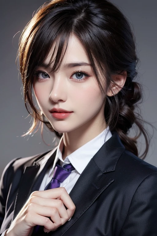 Top quality, 8K, masterpiece, single girl, slim abs beauty, casual hairstyle, big breasts, black suit, business suit, gentleman's clothing, black tie, holding purple bouquet, highly detailed face, delicate eyes, double eyelids, shy, dynamic pose, thighs, smiling anime girl, grey brown hair and blue eyes, Zaat Krenz feminization key art, beautiful woman portrait, detailed digital anime art, high detailed official artwork, detailed anime art, female anime hero portrait,