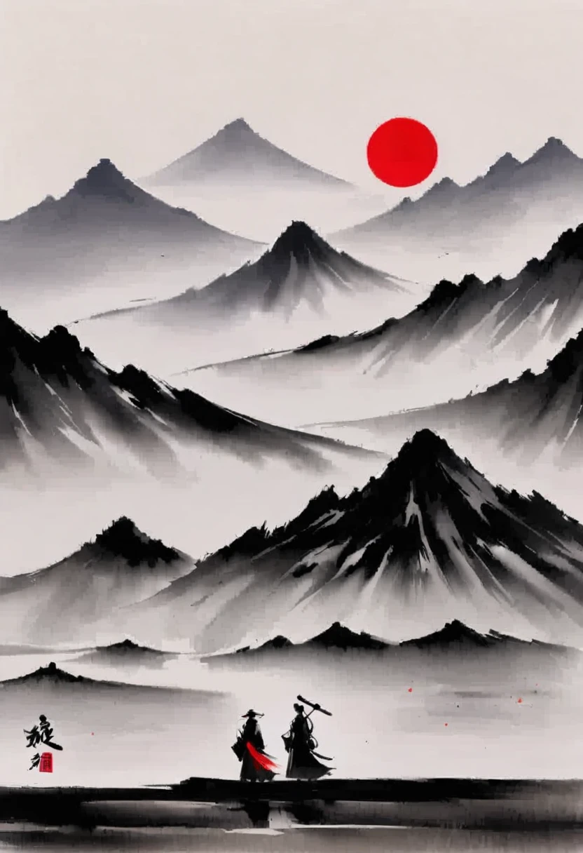 (Leave a lot of white:1.5)，white, White background, simple, Minimalism, abstract,Freehand，Aesthetic，Black and white，Ink Painting，antiquity，Mountain，People in the distance