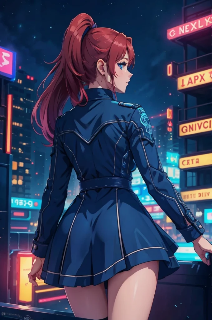 redhead a woman with ponytails, blue dress with intricated details, in the city, at night, lots of neon lights in background, anime style, digital art, 8k