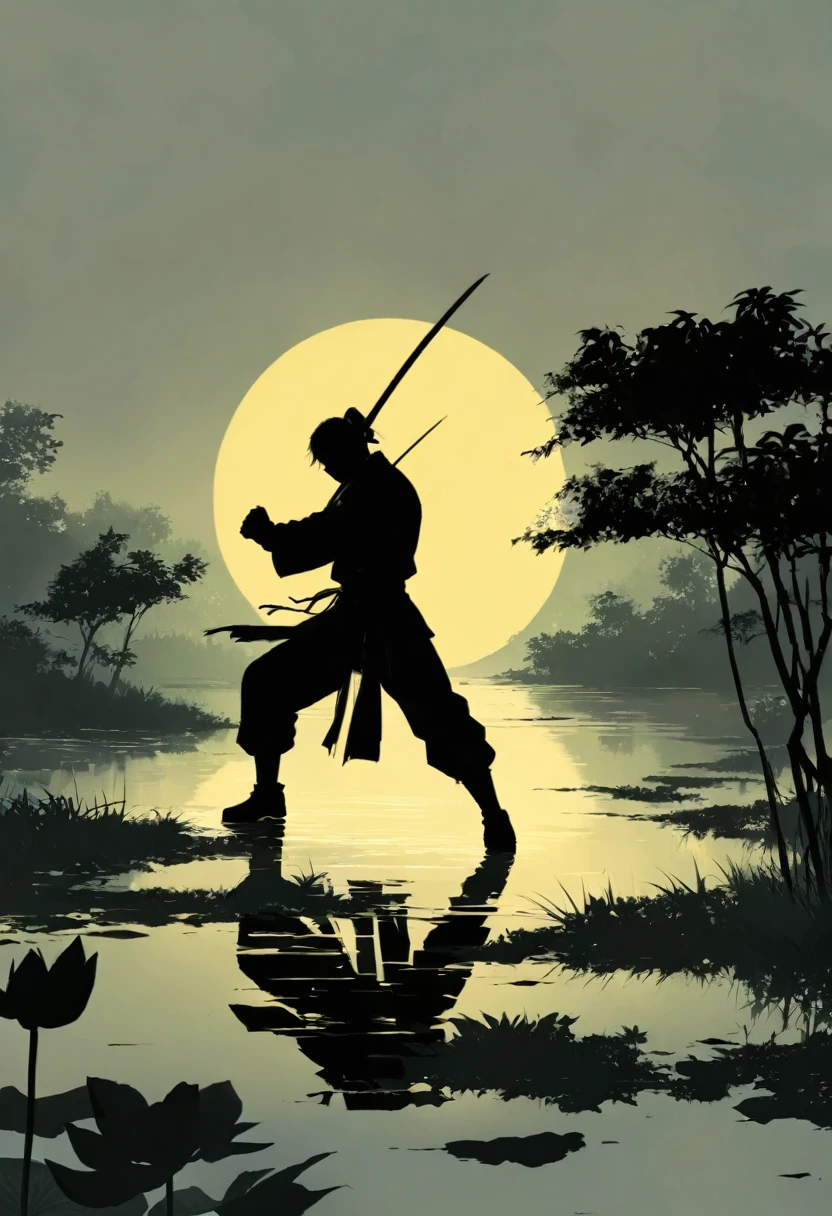 (纯Black silhouette,Heroine fighting silhouette:1.5),(fighting stance，Strong dynamics:1.4),On the Lake，High contrast, light, mysterious atmosphere,，lotus，Lotus Leaf，ripple，(Water splash;1.4)，A moon，Strong dynamicartial arts，effort，Black silhouette，Extreme backlight shooting,Black silhouette appears in the photo(No color or detail),High contrast against bright background