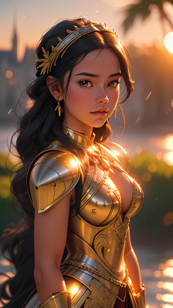 (masterpiece), (extremely intricate:1.3), (realistic), portrait of a girl, the most beautiful in the world, (medieval armor), metal reflections, upper body, outdoors, intense sunlight, far away castle, professional photograph of a stunning woman detailed, sharp focus, dramatic, award winning, cinematic lighting, octane render unreal engine, volumetrics dtx, (film grain, blurry background, blurry foreground, bokeh, depth of field, sunset, motion blur:1.3), chainmail