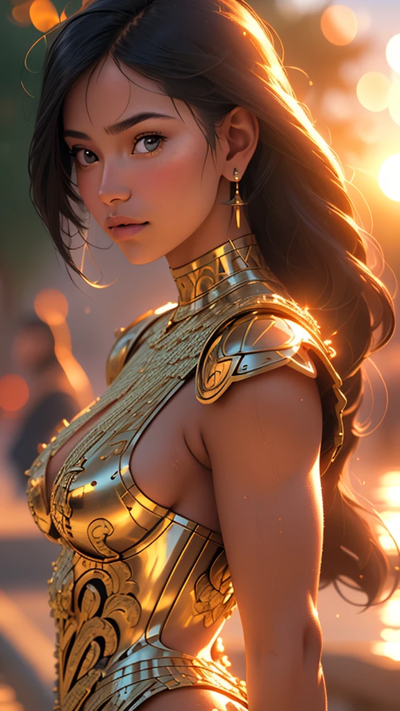 (masterpiece), (extremely intricate:1.3), (realistic), portrait of a girl, the most beautiful in the world, (medieval armor), metal reflections, upper body, outdoors, intense sunlight, far away castle, professional photograph of a stunning woman detailed, sharp focus, dramatic, award winning, cinematic lighting, octane render unreal engine, volumetrics dtx, (film grain, blurry background, blurry foreground, bokeh, depth of field, sunset, motion blur:1.3), chainmail