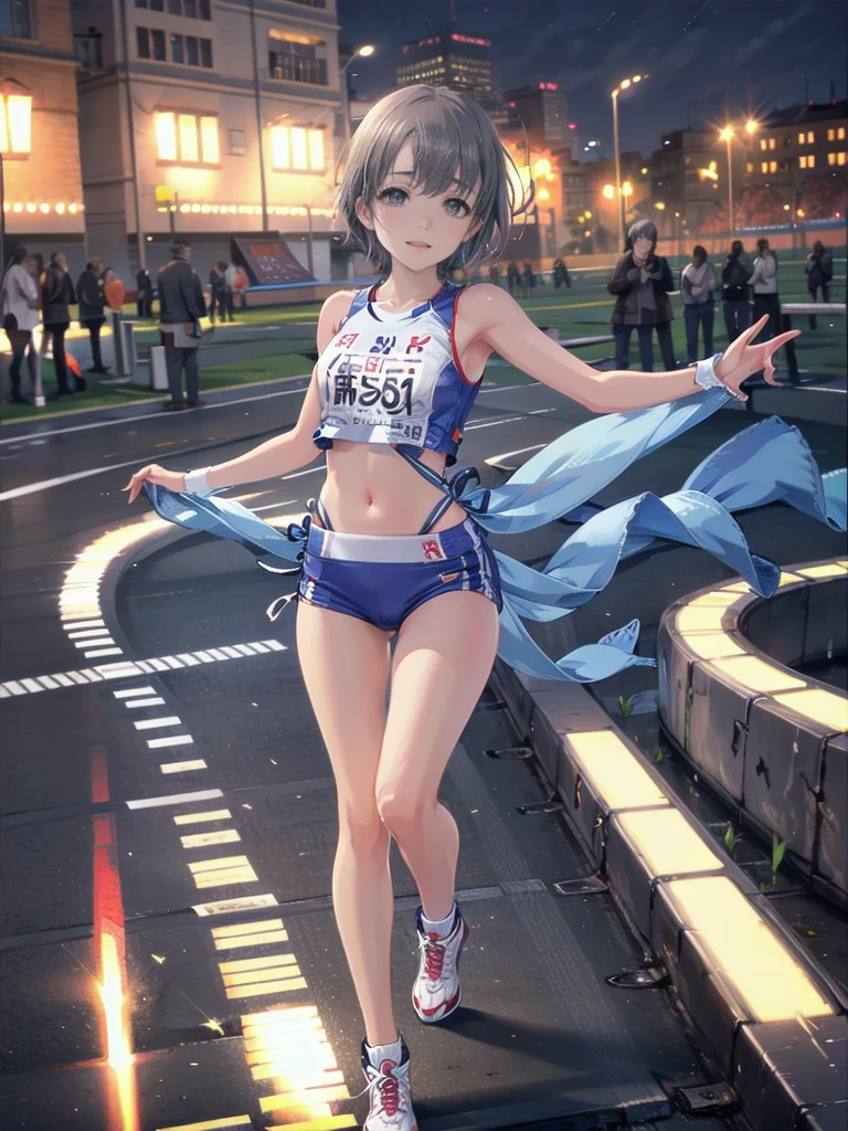 Japanese women、 Beautiful Face、(Realistic:1.3), Intricate details、(Ultra-Realistic Rendering:1.3), Light blue hair, Short Bob、Moonlight Eyes, Soft lighting, Track and field wear、Athletics Stadium、Long Jump、Full body photography