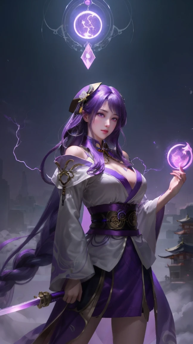 1 Girl,Purple Hair, Purple Eyes, Glowing eyes, Purple Kimono, huge :1.2, Holding a sword, electricity, 闪electricity, Cultural Relics,Purple Magic, Halation, whole body,Magic Circle, braid,Very long hair,Flowering,Off-shoulder, guide_The general pulled a knife from her chest, General Ray Electricity,pPurple Hair, Daofa Rune, Guest Secretary (Genshin Impact),Chinese_clothing,,White_skirt，Milk spilled on face and clothing