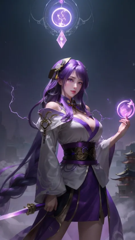 1 Girl,Purple Hair, Purple Eyes, Glowing eyes, Purple Kimono, huge :1.2, Holding a sword, electricity, 闪electricity, Cultural Re...