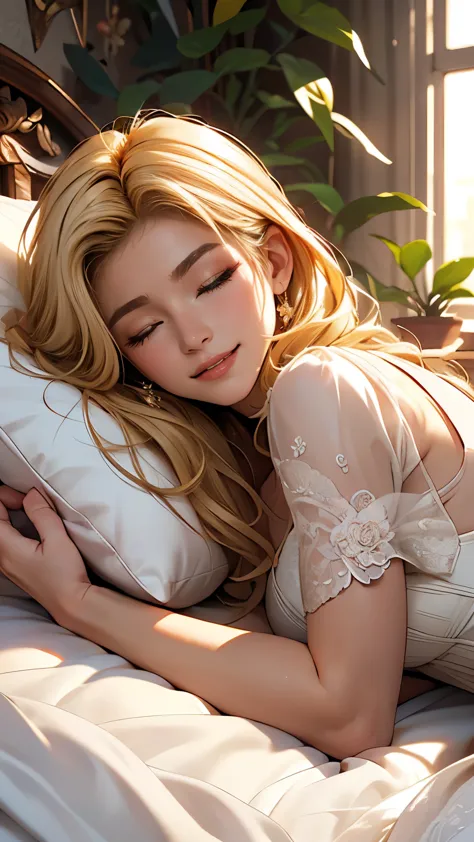 Lying, close up, sleeping, pillow, closed eyes, Delicate and beautiful CG art), (highest quality, Very detailed, High resolution...