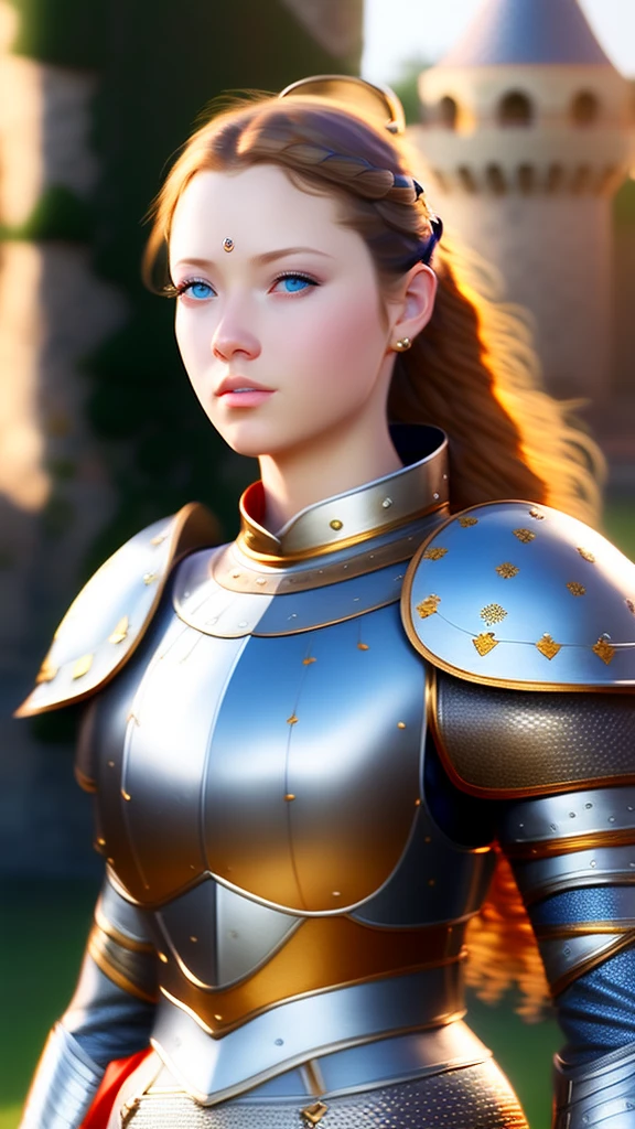 (masterpiece), (extremely intricate:1.3), (realistic), portrait of a girl, the most beautiful in the world, (medieval armor), metal reflections, upper body, outdoors, intense sunlight, far away castle, professional photograph of a stunning woman detailed, sharp focus, dramatic, award winning, cinematic lighting, octane render unreal engine, volumetrics dtx, (film grain, blurry background, blurry foreground, bokeh, depth of field, sunset, motion blur:1.3), chainmail