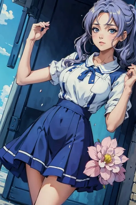 uma garota de desenho animado em um vestido azul andando por uma rua, retro anime girl, fanart de garota urbana, arte digital es...
