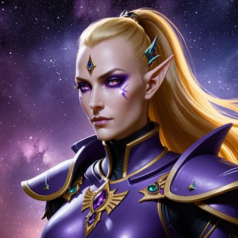 a portrait of the eldar corsair, she is a tall, thin, and eldar without helmet. elf face, she has golden hair with amethyst purp...