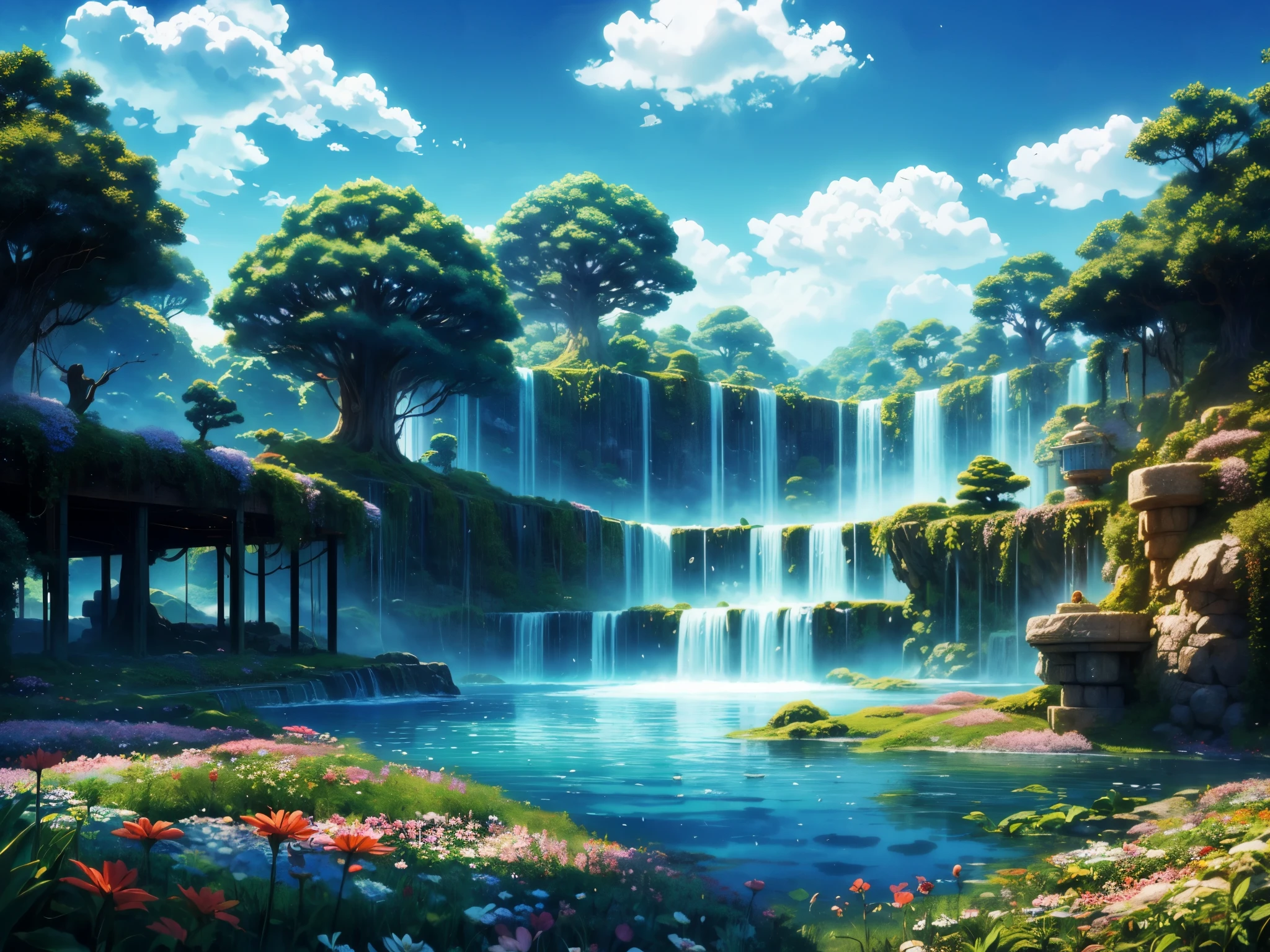 Captura de tela do DVD do filme do Studio Ghibli, (lindo jardim de arbustos:1.4), Nuvens no céu azul, desenhado por Hayao Miyazaki, retro anime
