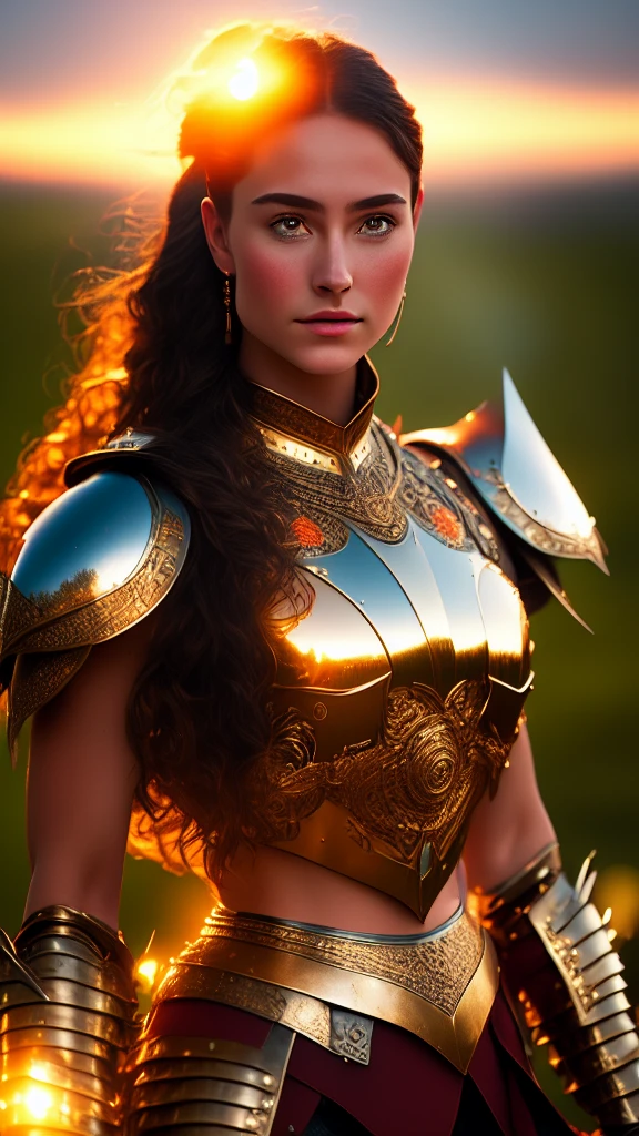 (masterpiece), (extremely intricate:1.3), (realistic), portrait of a girl, the most beautiful in the world, (medieval armor), metal reflections, upper body, outdoors, intense sunlight, far away castle, professional photograph of a stunning woman detailed, sharp focus, dramatic, award winning, cinematic lighting, octane render unreal engine, volumetrics dtx, (film grain, blurry background, blurry foreground, bokeh, depth of field, sunset, motion blur:1.3), chainmail