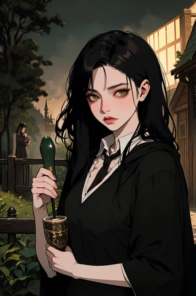 Una chica con cabello negro y ojos marrones, Medio cuerpo , de la casa Slytherin de Hogwarts. haciendo hechizos y pociones por la noche al aire libre 