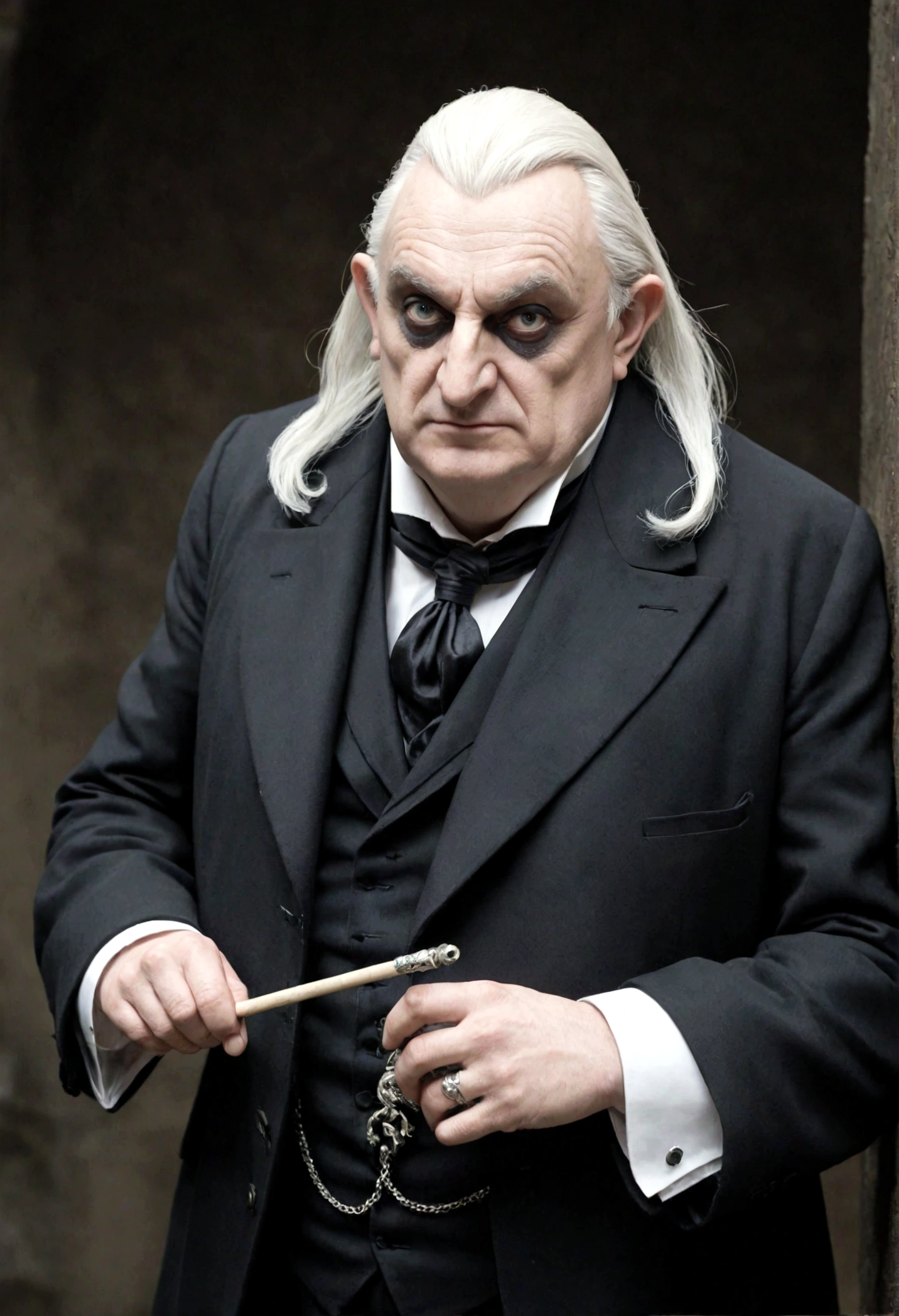 (Lord Theodore Cobblepot, in his mid-sixties, is a short and stout man. Known by the nickname "Penguin" due to his hunched posture and waddling gait, his white hair, pointed nose, and thin lips give him a cunning and sly appearance. His eyes, sharp and piercing like those of a predatory bird, add to his menacing demeanor. He typically wears dark, expensive suits made from fine fabrics. His elegant cane and silver-embellished ring symbolize his wealth and status.) ((dnd noble)), ((medieval age noble))
