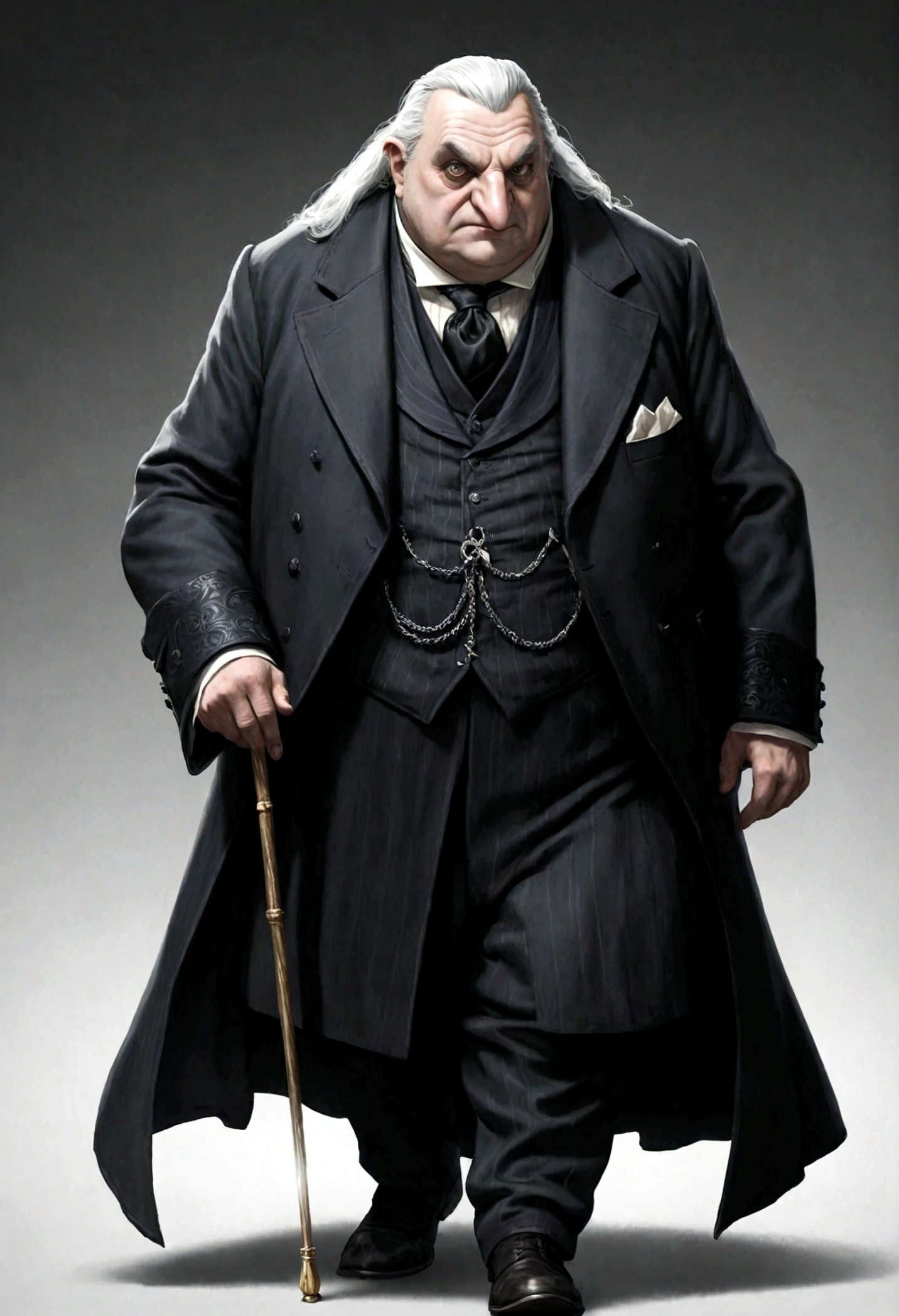 (Lord Theodore Cobblepot, in his mid-sixties, is a short and stout man. Known by the nickname "Penguin" due to his hunched posture and waddling gait, his white hair, pointed nose, and thin lips give him a cunning and sly appearance. His eyes, sharp and piercing like those of a predatory bird, add to his menacing demeanor. He typically wears dark, expensive suits made from fine fabrics. His elegant cane and silver-embellished ring symbolize his wealth and status.) ((dnd noble)), ((medieval age noble))
